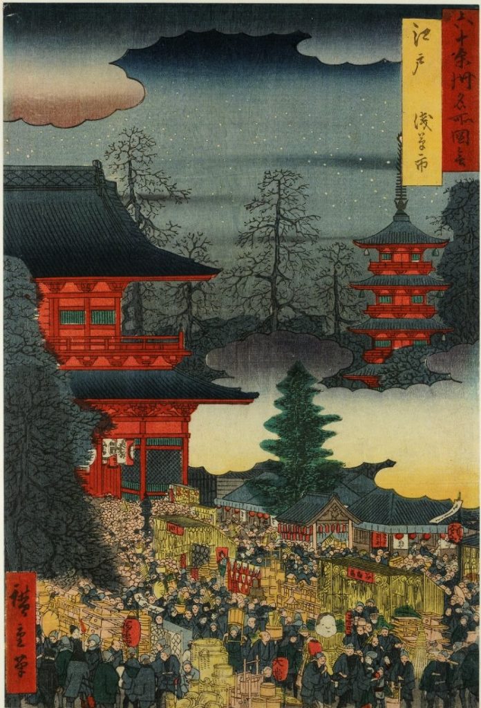 「六十余州名所図会　江戸浅草の市」（歌川広重、大英博物館）の画像。